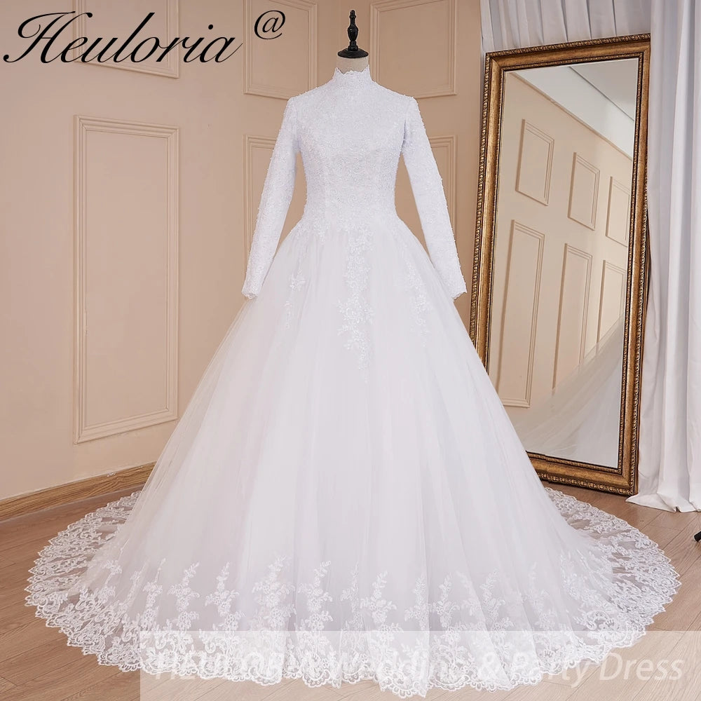 HEULORIA princess Wedding Dress long sleeve high neck bride dress lace beading Plus size muslim wedding gown court train BA-575