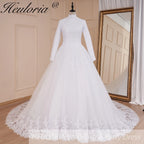 HEULORIA princess Wedding Dress long sleeve high neck bride dress lace beading Plus size muslim wedding gown court train BA-575