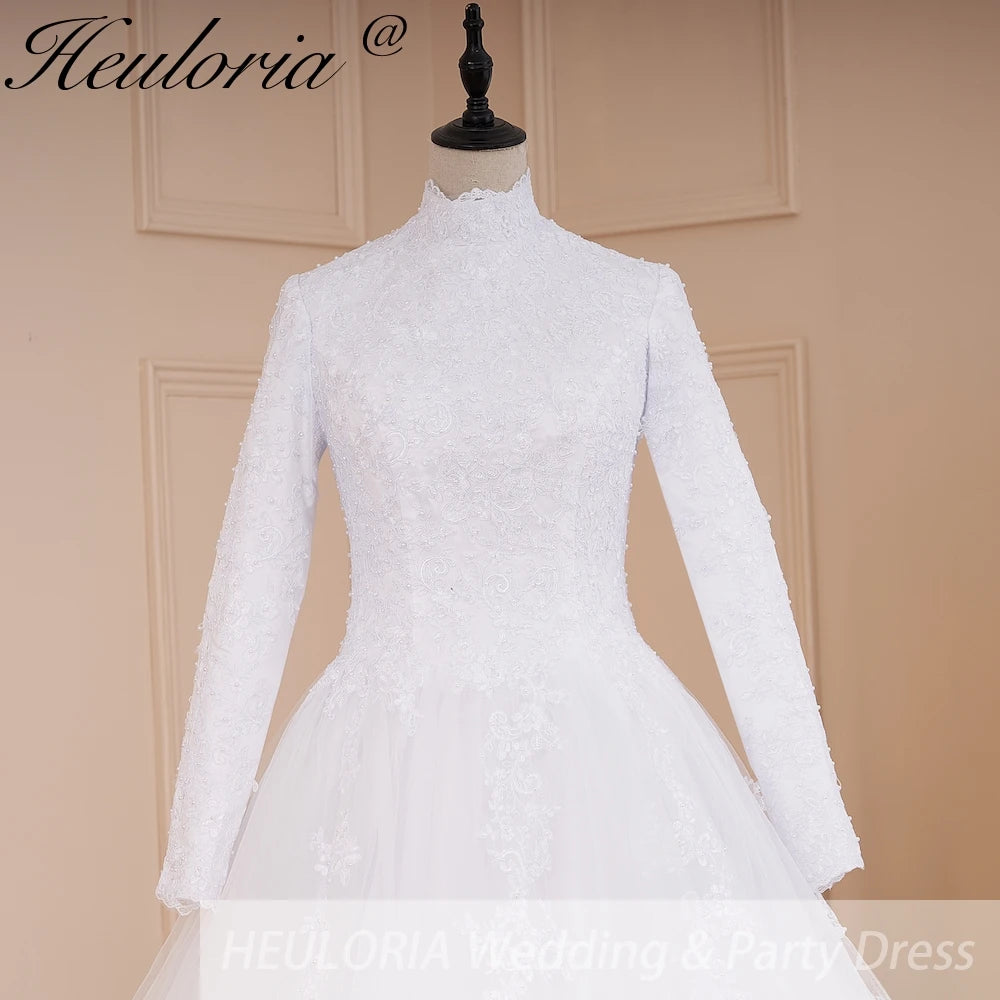 HEULORIA princess Wedding Dress long sleeve high neck bride dress lace beading Plus size muslim wedding gown court train BA-575