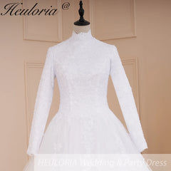 HEULORIA princesse robe de mariée à manches longues col haut robe de mariée dentelle perles grande taille robe de mariée musulmane court train 