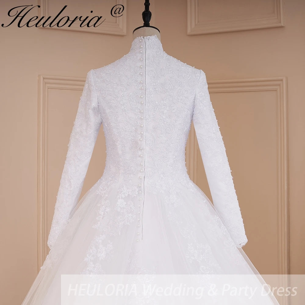 HEULORIA princess Wedding Dress long sleeve high neck bride dress lace beading Plus size muslim wedding gown court train BA-575