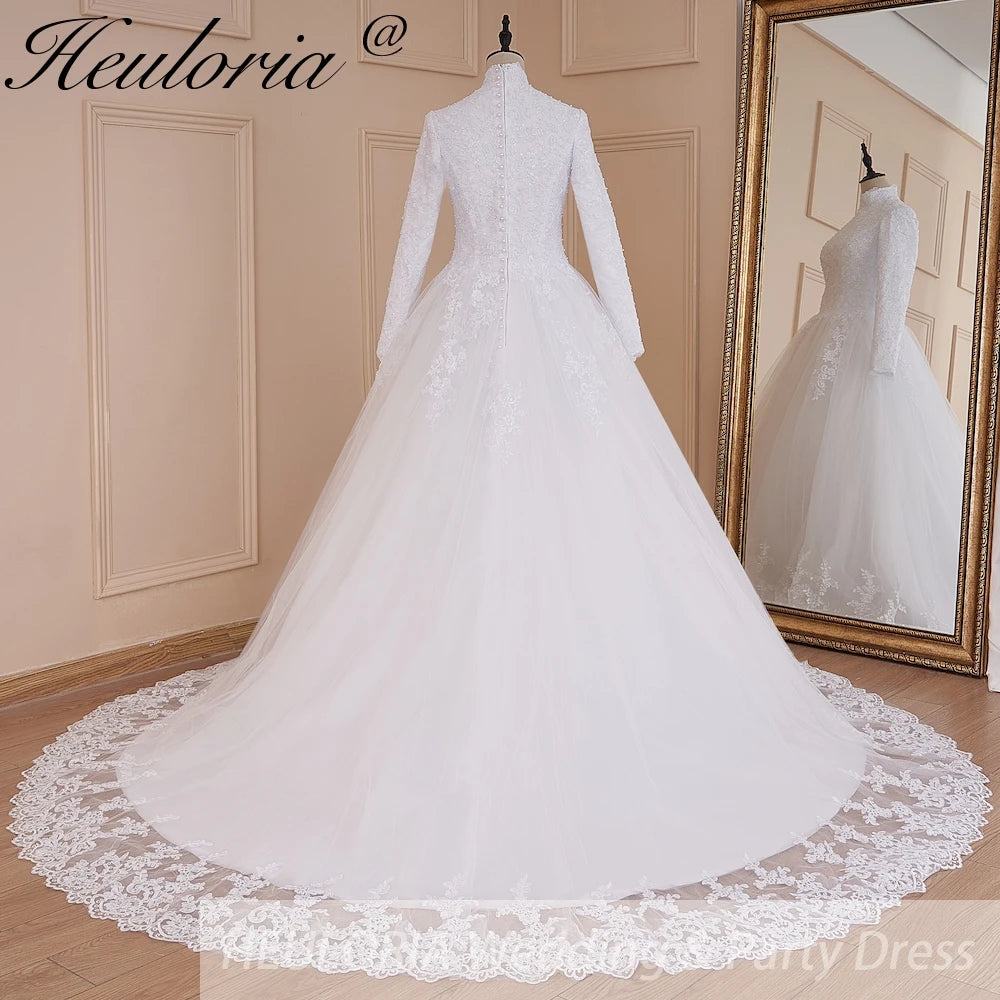 HEULORIA princess Wedding Dress long sleeve high neck bride dress lace beading Plus size muslim wedding gown court train BA-575