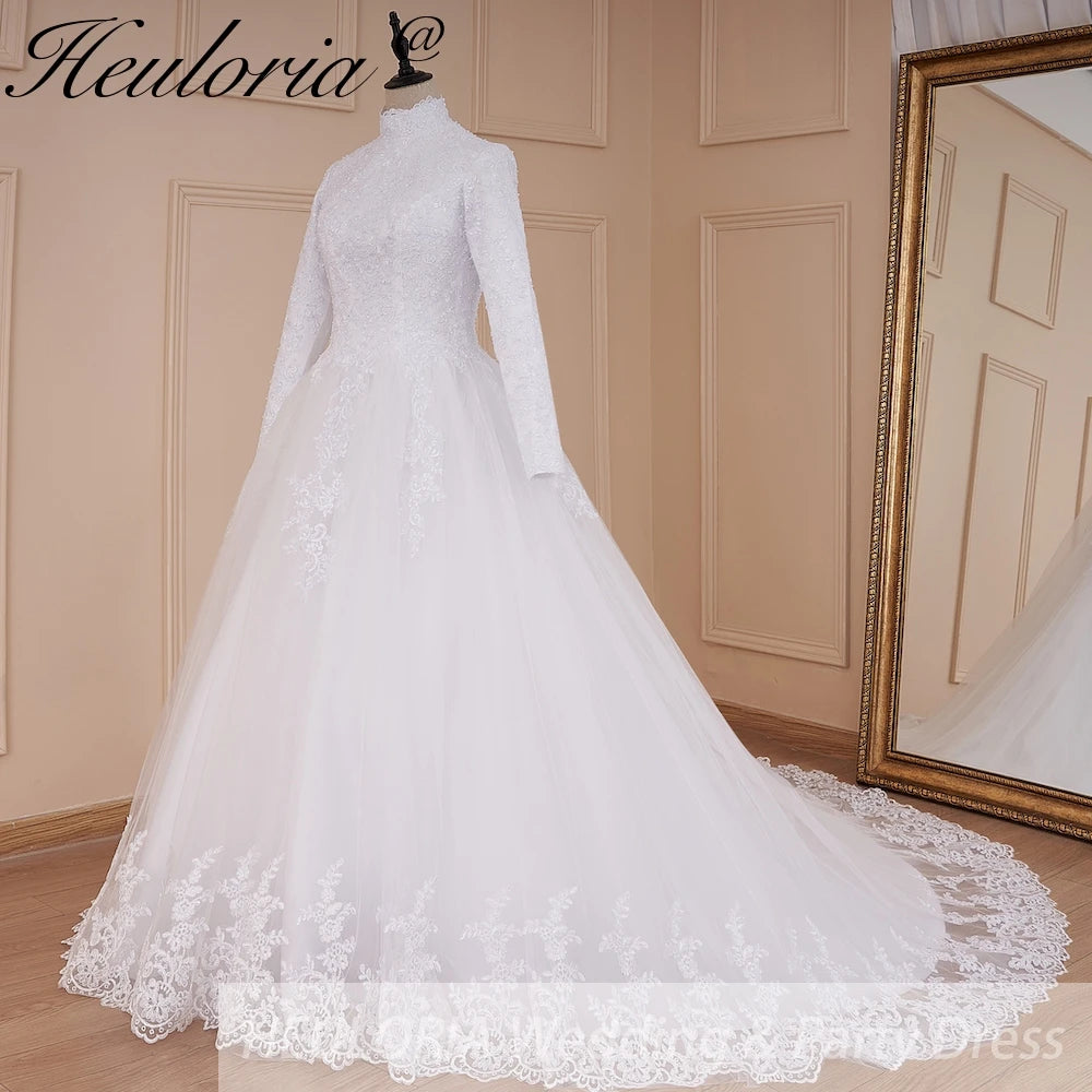 HEULORIA princess Wedding Dress long sleeve high neck bride dress lace beading Plus size muslim wedding gown court train BA-575