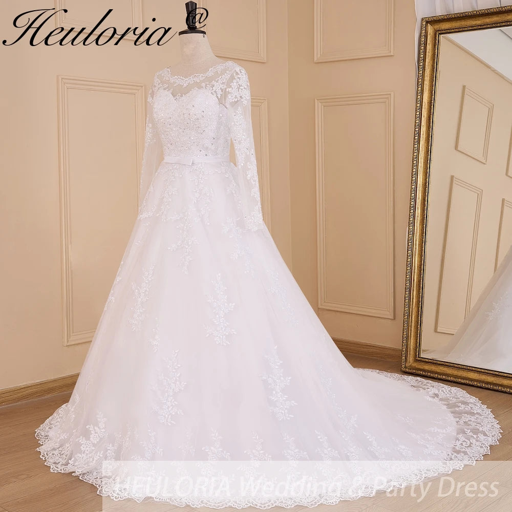HEULORIA princess Wedding Dress long sleeve round neck bride dress lace beading lace up Plus size wedding gown BA-613