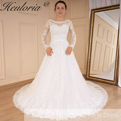 HEULORIA princess Wedding Dress long sleeve round neck bride dress lace beading lace up Plus size wedding gown