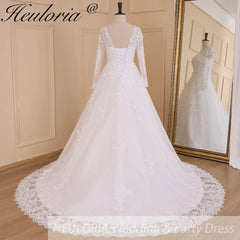 HEULORIA princess Wedding Dress long sleeve round neck bride dress lace beading lace up Plus size wedding gown