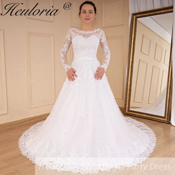 HEULORIA princess Wedding Dress long sleeve round neck bride dress lace beading lace up Plus size wedding gown