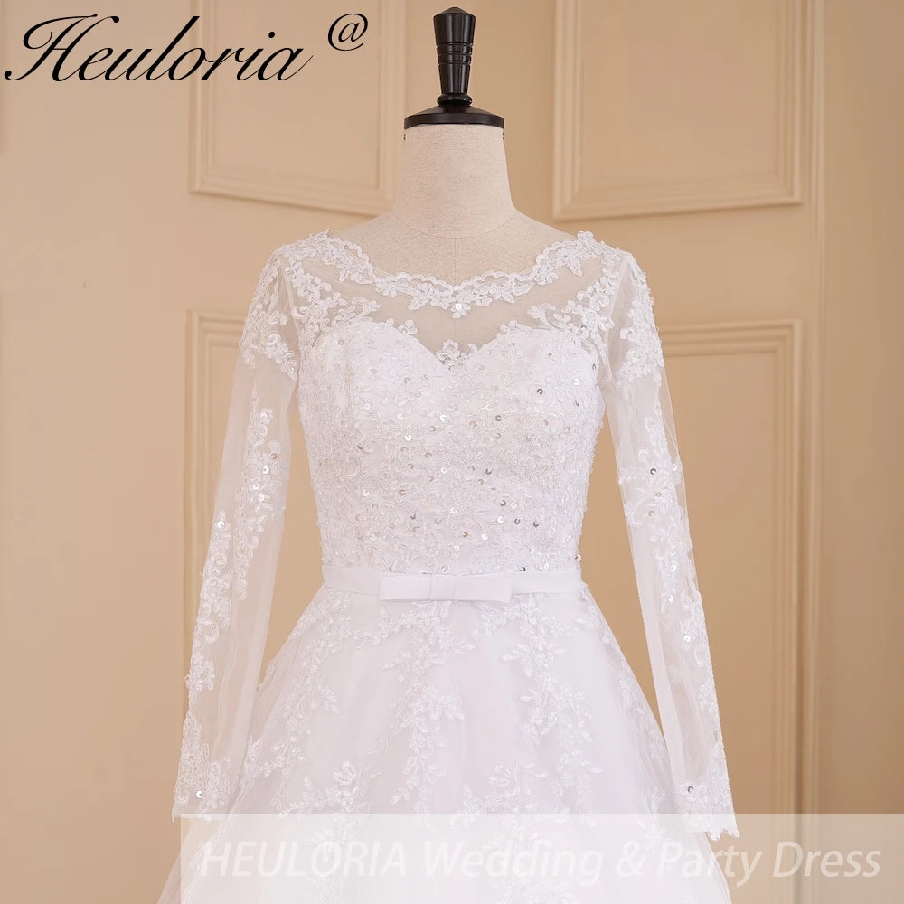 HEULORIA princess Wedding Dress long sleeve round neck bride dress lace beading lace up Plus size wedding gown BA-613