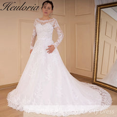 HEULORIA princess Wedding Dress long sleeve round neck bride dress lace beading lace up Plus size wedding gown