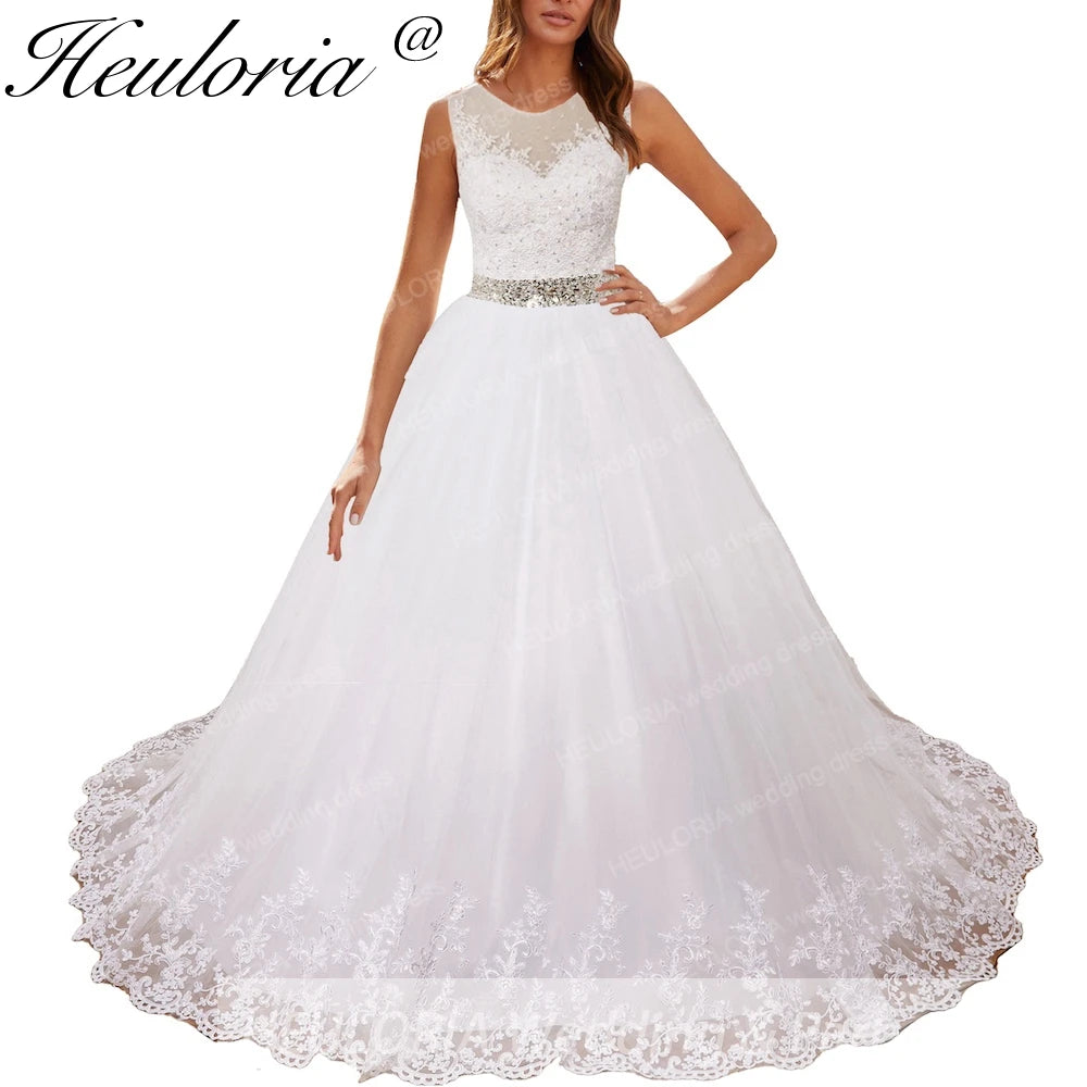 HEULORIA princess ball gown wedding dress o neck lace applique sequin belt beading bride dress court train BA-0117