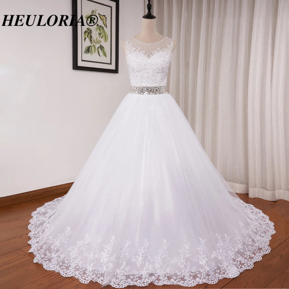 HEULORIA princess ball gown wedding dress o neck lace applique sequin belt beading bride dress court train BA-0117