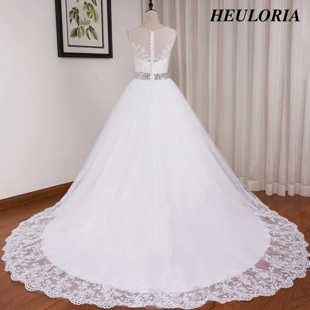 HEULORIA princess ball gown wedding dress o neck lace applique sequin belt beading bride dress court train BA-0117