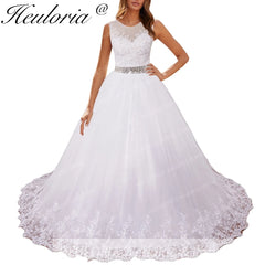HEULORIA princess ball gown wedding dress o neck lace applique sequin belt beading bride dress court train BA-0117