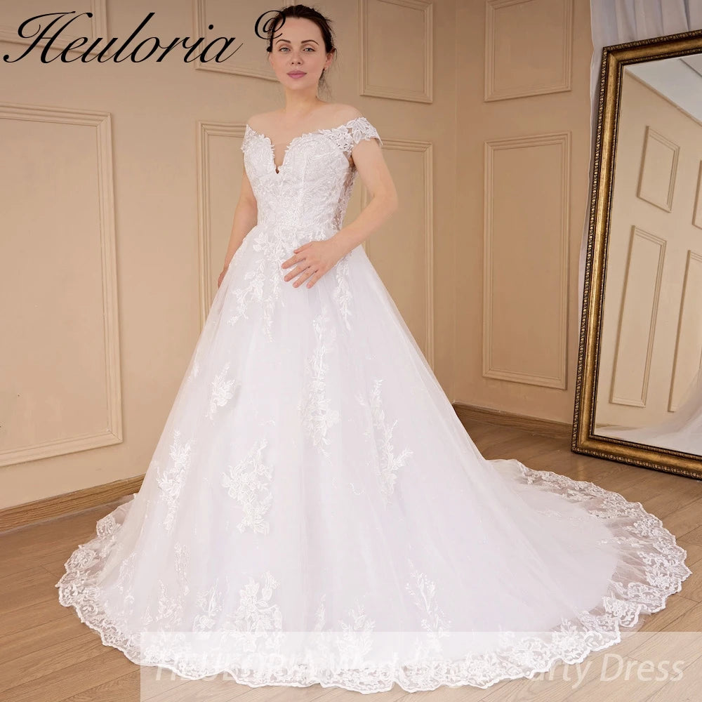HEULORIA princess ball gown wedding dress off shoulder shinny skirt lace applique plus size white bride dress customize BA-546