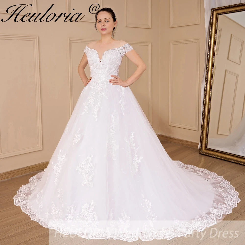 HEULORIA princess ball gown wedding dress off shoulder shinny skirt lace applique plus size white bride dress customize BA-546 Imagen principal del producto