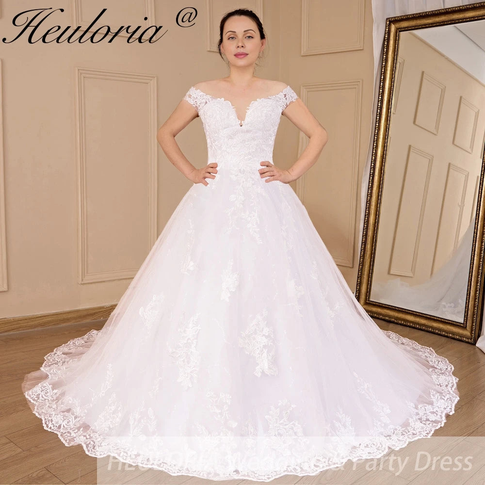 HEULORIA princess ball gown wedding dress off shoulder shinny skirt lace applique plus size white bride dress customize BA-546