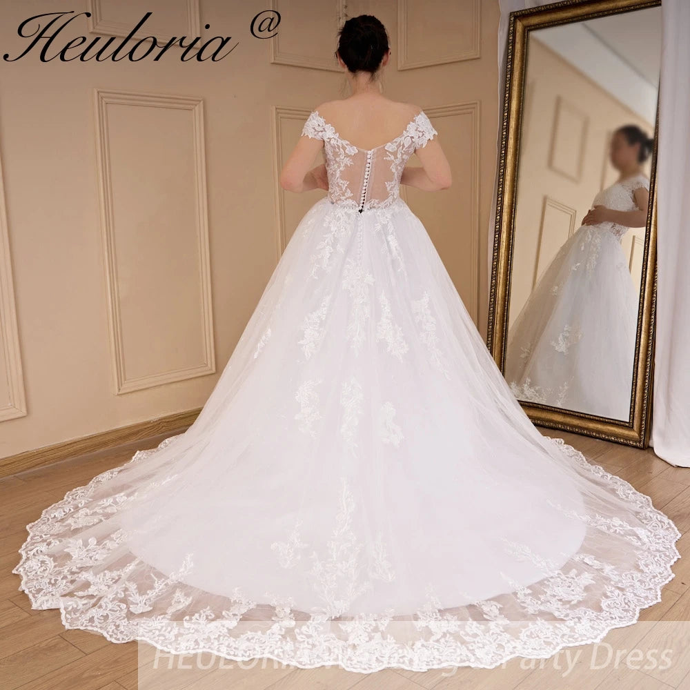 HEULORIA princess ball gown wedding dress off shoulder shinny skirt lace applique plus size white bride dress customize BA-546