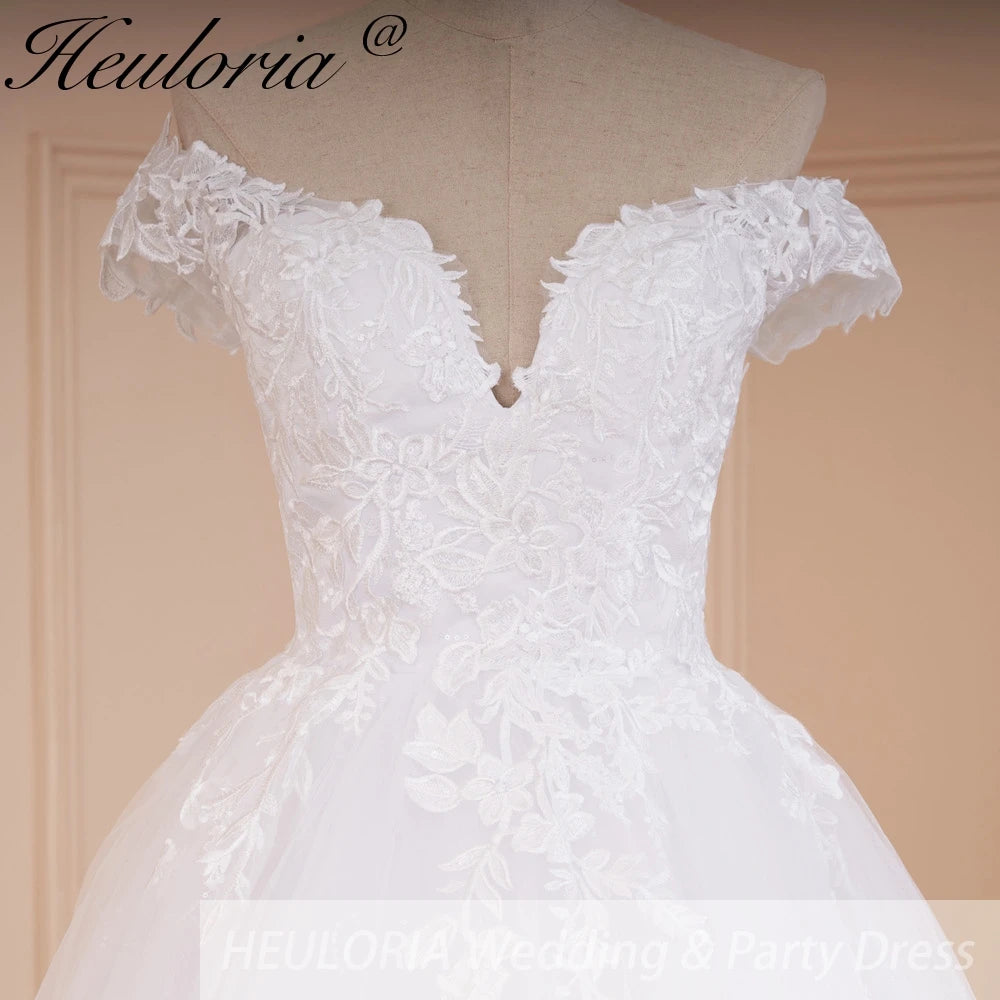 HEULORIA princess ball gown wedding dress off shoulder shinny skirt lace applique plus size white bride dress customize BA-546