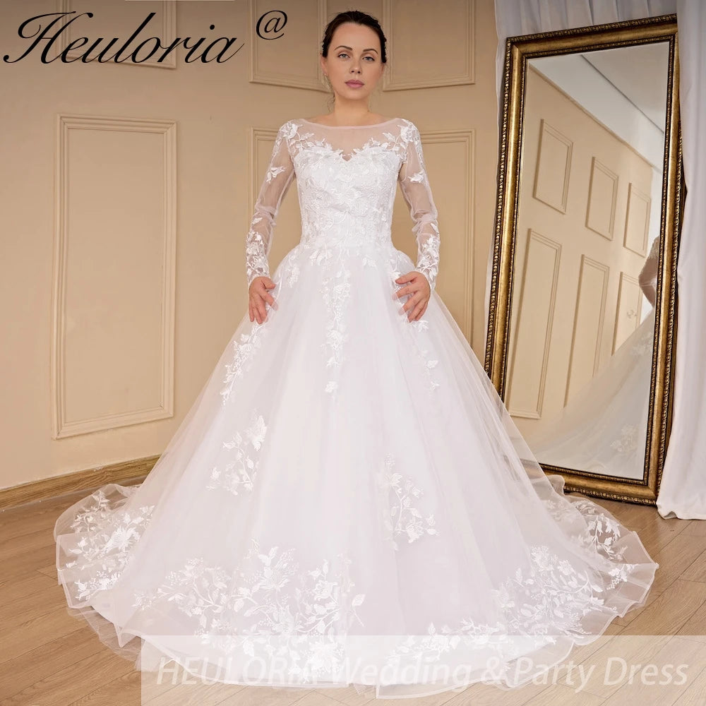 HEULORIA princess wedding dress Long Sleeve lace applique Plus Size Ball Gown bride dress lace up robe de mariee BA-693