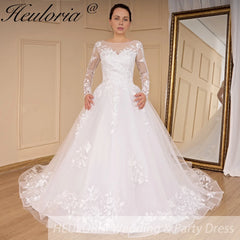 HEULORIA princess wedding dress Long Sleeve lace applique Plus Size Ball Gown bride dress lace up robe de mariee BA-693