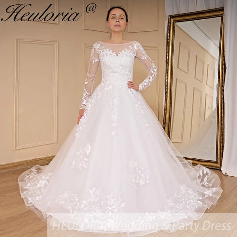 HEULORIA princess wedding dress Long Sleeve lace applique Plus Size Ball Gown bride dress lace up robe de mariee