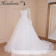 Vestido de novia de princesa HEULORIA, Apliques de encaje de manga larga, vestido de baile de talla grande, vestido de novia con cordones, bata de mariee 