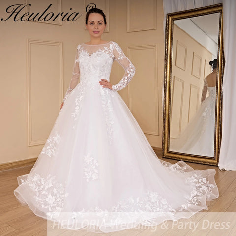 HEULORIA princess wedding dress Long Sleeve lace applique Plus Size Ball Gown bride dress lace up robe de mariee