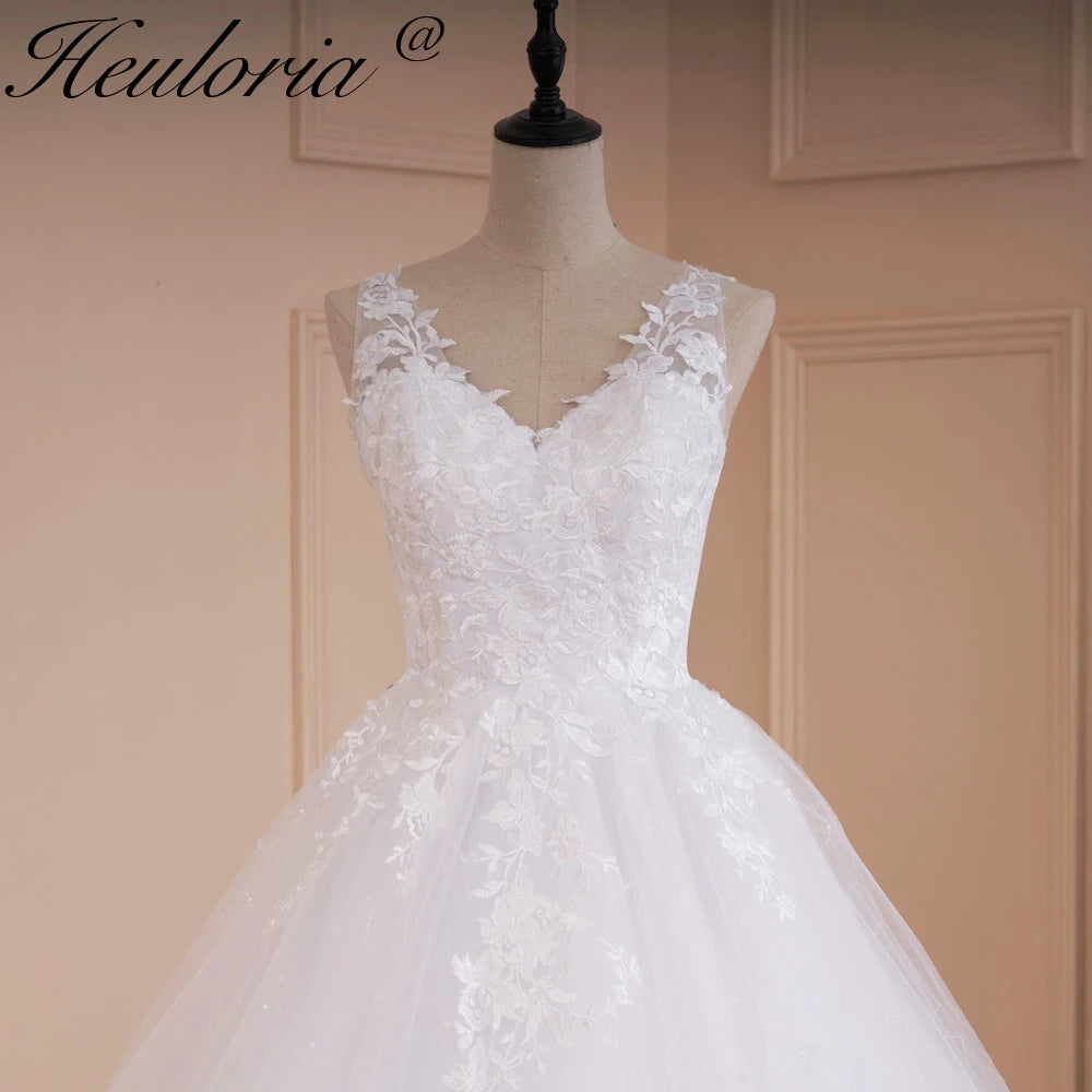 HEULORIA princess wedding dress V neck lace applique shinny sequined skirt bride dress ball gown wedding gown BA-537