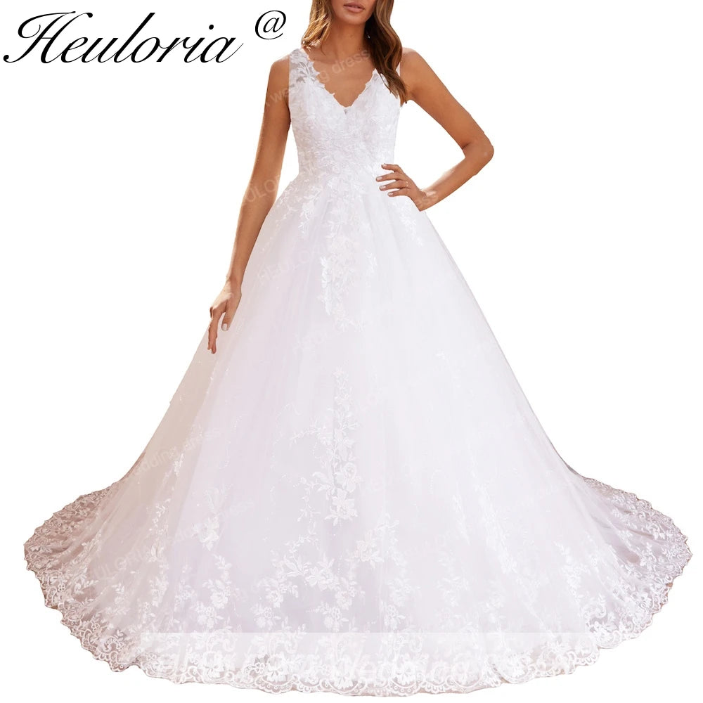 HEULORIA princess wedding dress V neck lace applique shinny sequined skirt bride dress ball gown wedding gown BA-537 Main image