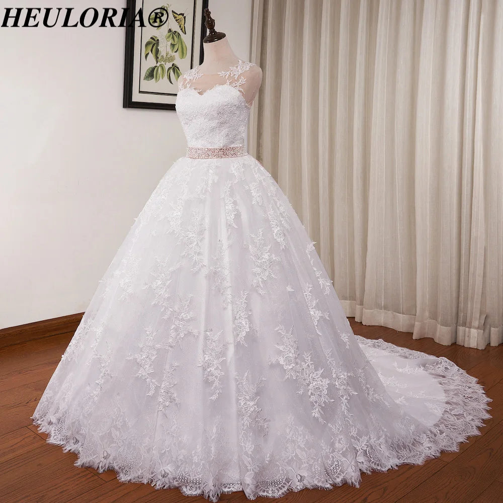 HEULORIA princess wedding dress lace applique shinny sequined beading belt ball gown bride dress plus size Robe De Mariee BA-0930