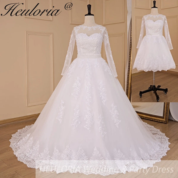 HEULORIA princess wedding dress long sleeve detachable 2 in 1 bride dress lace beading plus size robe de mariee Wedding gown