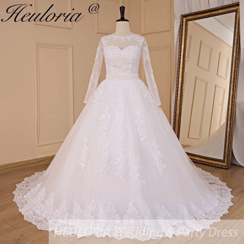 HEULORIA princess wedding dress long sleeve detachable 2 in 1 bride dress lace beading plus size robe de mariee Wedding gown BA-713