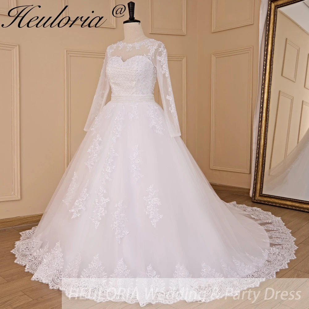 HEULORIA princess wedding dress long sleeve detachable 2 in 1 bride dress lace beading plus size robe de mariee Wedding gown BA-713