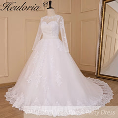 HEULORIA princess wedding dress long sleeve detachable 2 in 1 bride dress lace beading plus size robe de mariee Wedding gown BA-713