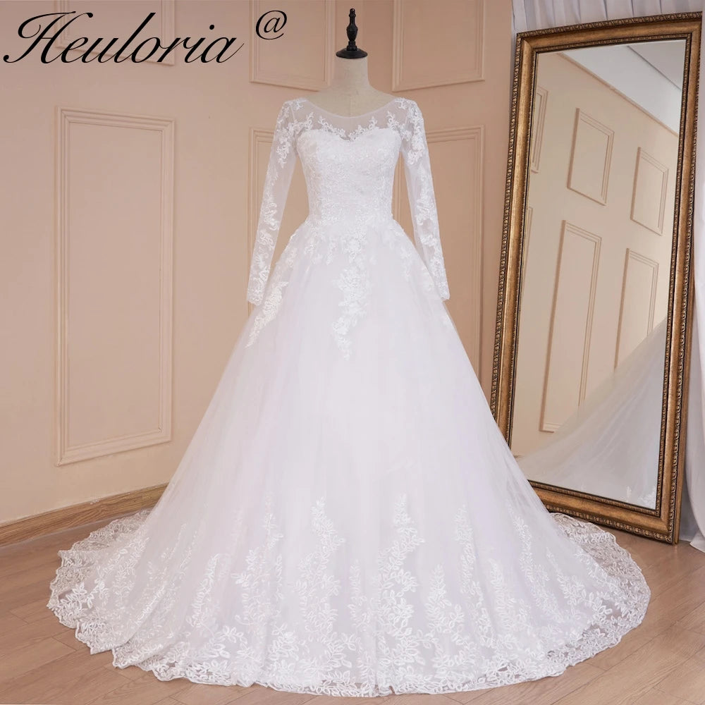 HEULORIA princess wedding dress long sleeve lace applique bride dress lace up Robe De Mariee
