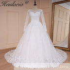 HEULORIA princess wedding dress long sleeve shinny skirt lace applique plus size pearl beads bride dress customize BA-535
