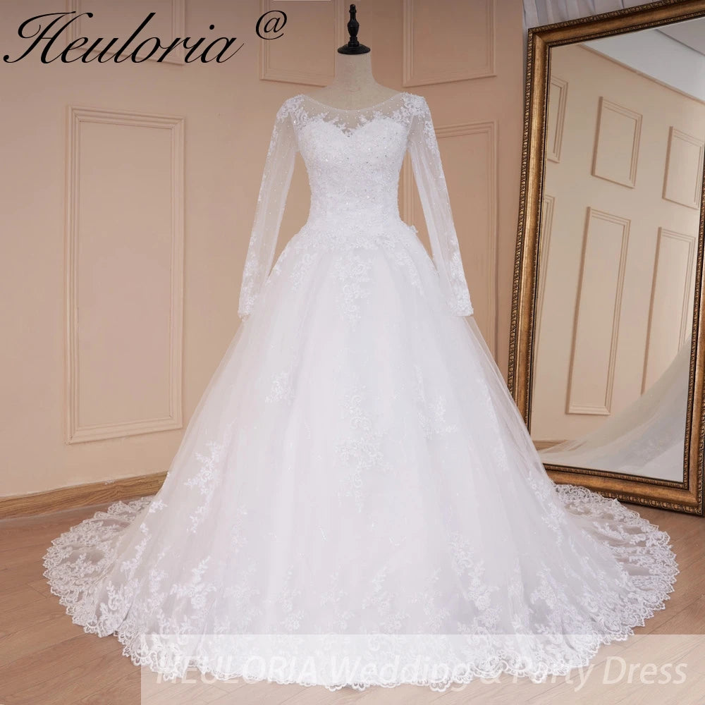 HEULORIA princess wedding dress long sleeve shinny skirt lace applique plus size pearl beads bride dress customize BA-535