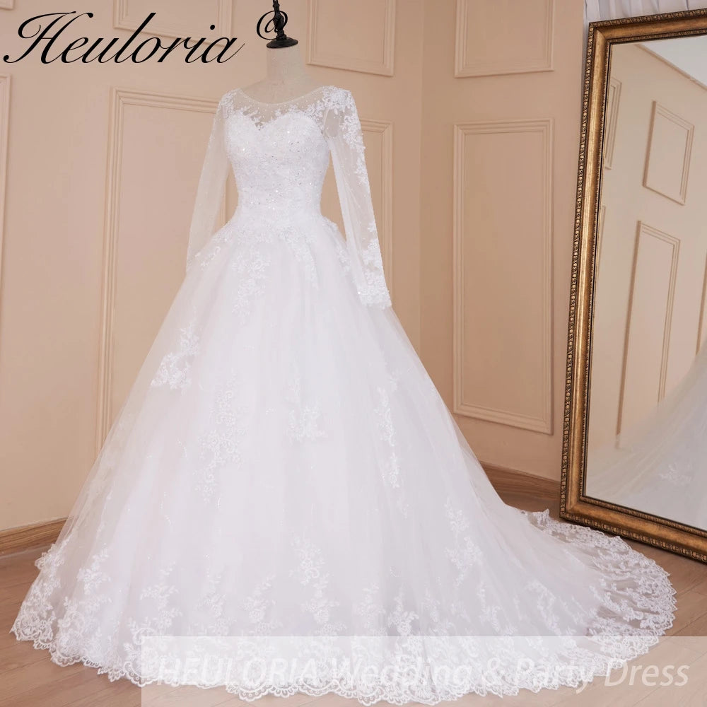 HEULORIA princess wedding dress long sleeve shinny skirt lace applique plus size pearl beads bride dress customize BA-535