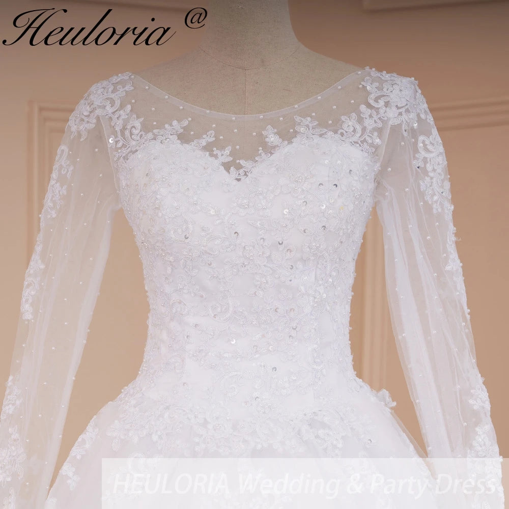HEULORIA princess wedding dress long sleeve shinny skirt lace applique plus size pearl beads bride dress customize BA-535