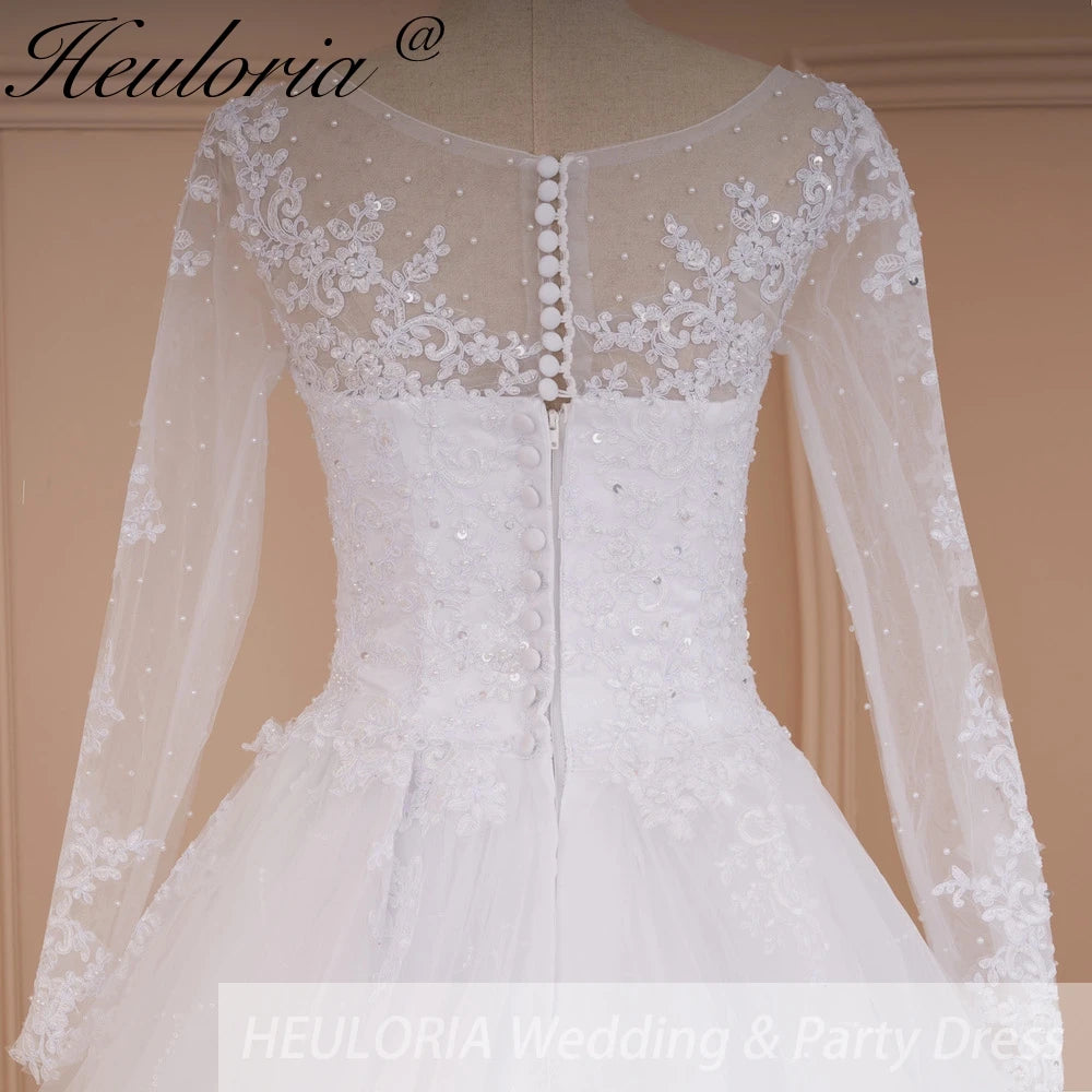 HEULORIA princess wedding dress long sleeve shinny skirt lace applique plus size pearl beads bride dress customize BA-535