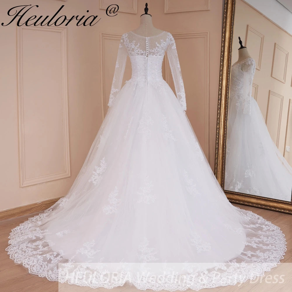 HEULORIA princess wedding dress long sleeve shinny skirt lace applique plus size pearl beads bride dress customize BA-535