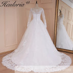 HEULORIA princess wedding dress long sleeve shinny skirt lace applique plus size pearl beads bride dress customize BA-535