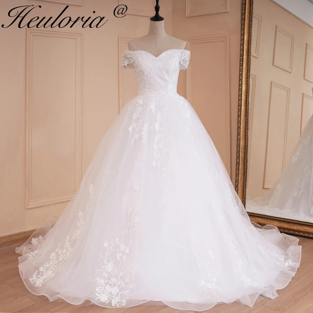 HEULORIA princess wedding dress off shoulder crystal beading lace applique bride dress plus size robe de mariee