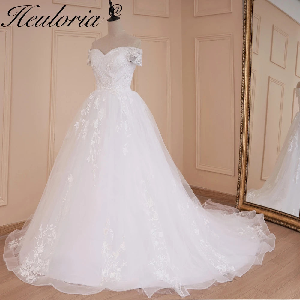 HEULORIA princess wedding dress off shoulder crystal beading lace applique bride dress plus size robe de mariee BA-544