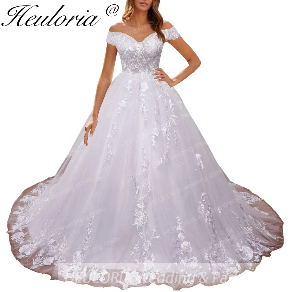 HEULORIA princess wedding dress off shoulder shinny skirt lace applique plus size white bride dress customize BA-1215