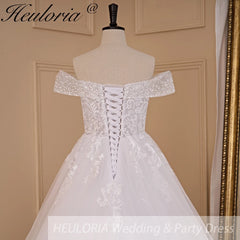 HEULORIA Ball-Gown/Princess Off the Shoulder Court Train Tulle Lace Wedding Dress With Sequins Beading