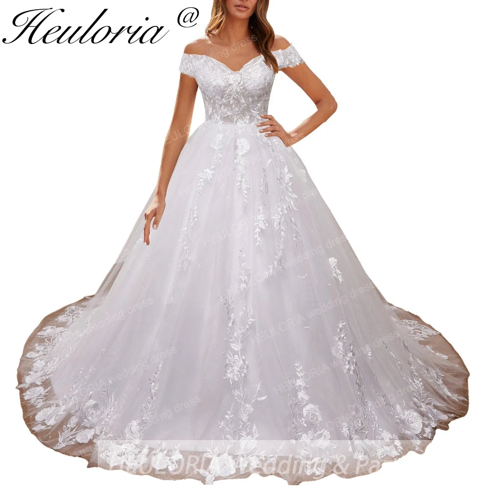 HEULORIA princess wedding dress off shoulder shinny skirt lace applique plus size white bride dress customize BA-1215