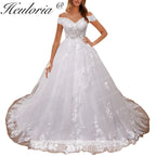HEULORIA princess wedding dress off shoulder shinny skirt lace applique plus size white bride dress customize BA-1215
