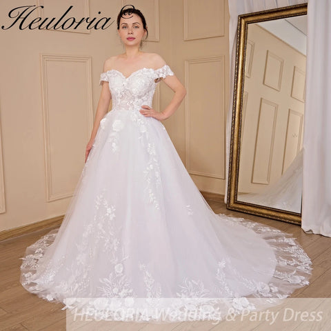 HEULORIA Ball-Gown/Princess Off the Shoulder Court Train Tulle Lace Wedding Dress With Sequins Beading