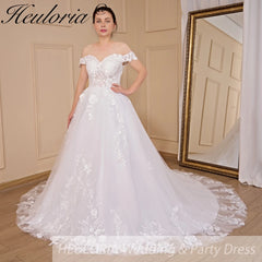 HEULORIA Ball-Gown/Princess Off the Shoulder Court Train Tulle Lace Wedding Dress With Sequins Beading BA-616